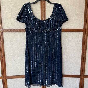 Sean Couture Elegant Navy Silk Sequin Beaded High Bodice Dress Large